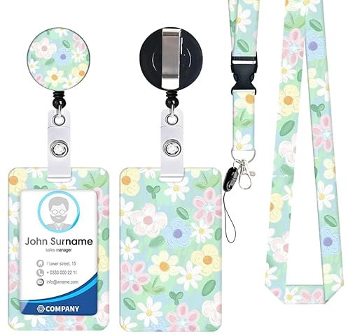 Porte Badge de Carte avec Cordon Tour de Cou d'Identification,Floraux Porte-cartes Swivel Lobster Clasp avec Lanières Rétractables Pour Cartes Clés Caméra Floraux (C-Petits chrysanthèmes)