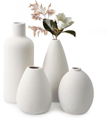 Omtofo Vase Blanc Set - Lot De 4 Vases Fleur Ceramique - Vase Decoratif pour Minimaliste La Maison, Fête, Bureau, Mariage, Bouquet De Fleurs Fraîches Séchées d'herbe (Beige)