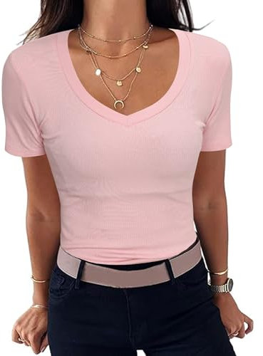 Aottori T-Shirt Côtelé pour Femme Haut élégant à Manches Courtes et col V Tshirt Basique Coupe Ajustée Extensible Décontracté Été Rose S