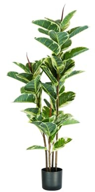 Avilia Pianta di Ficus Elastica Artificiale in Polietilene con 54 Foglie, 145 cm, Vaso con Muschio, Pianta Decorativa da Interno per Soggiorno e Appartamento, Design Realistico