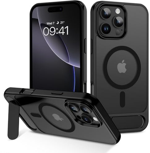 GaoBao for iPhone 16 Pro Max Case with Invisible Titanium Stand,Compatible with MagSafe Translucent Matte Back Men Slim Military Shockproof Magnetic Phone Cover for iPhone 16 Pro Max Phone Case,Black