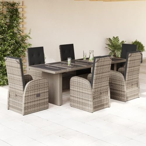 IKAYAA Gartenmöbel Set mit Glas Tisch und 6 Verstellbare Hochlehner Stühlen, Rattan Essgruppe für 6 Personen, Gartenmöbel Essgruppe, Garten Sitzgruppe inkl. Sitzkissen Grau Type-16