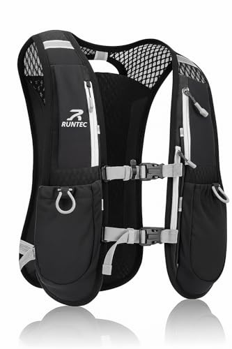 RUNTEC® Black Lightweight Running Vest Hydration Backpack | 2X Water Bottle Storage | Reflective, Breathable & Adjustable | Unisex for Trail Running, Cycling, Hiking, Marathons 5L