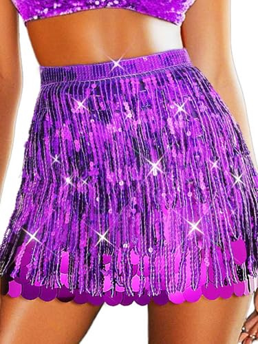 Jovono Gonna da Ballo con Paillettes Viola e Brillantini, con Frange e Foulard per Pancia e Fianchi da Donna (IT, Testo, Taglia Unica, Regular, Regular, Standard, Viola)