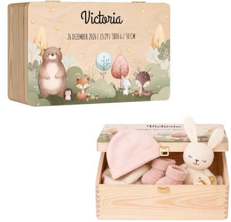 Maverton Erinnerungsbox Baby mit Namen, Aufbewahrungsbox mit Deckel | Personalisierte Geschenke Baby, Geschenk für Mädchen und Jungen zur Geburt zur Taufe, aus Kiefernholz