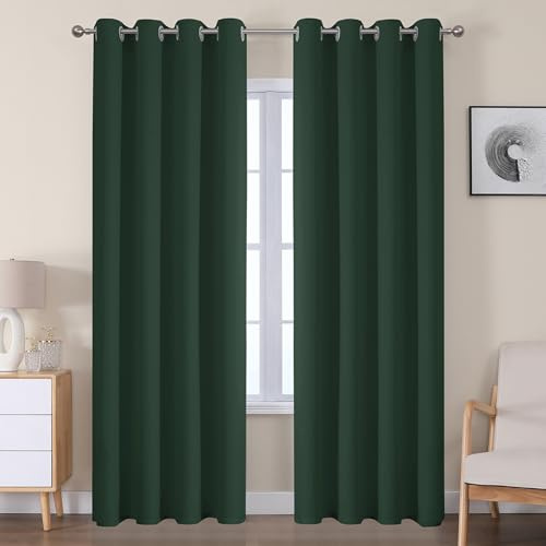 VEHEDE Thermovorhang Kälteschutz Blickdichte Vorhänge, Gardinen mit Ösen Wohnzimmer, Schallschutz Verdunklungsvorhänge Kinderzimmer, Raumteiler Vorhang, H 160 x B 140 cm, Dunkelgrün, 2er Set