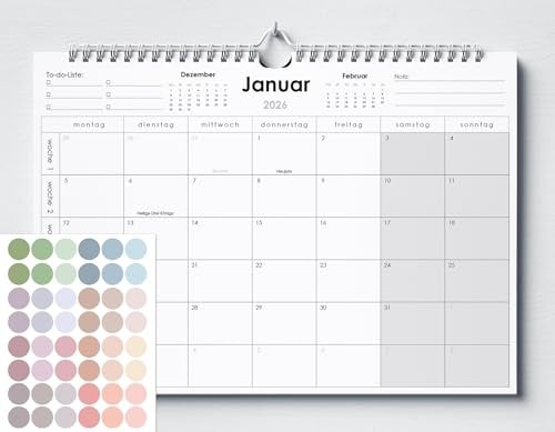 Huurdies® Wandkalender 2026 – A4+ - Monatskalender mit Feiertagen, To-do-Liste, Notizen & 48 Morandi Stickern – Spiralbindung & Aufhänger – 22 x 32 cm