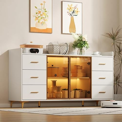 Solisburne Sideboard mit LED, Küchenschrank 150 cm Breite mit 6 Schubladen 2 Türen und Verstellbare Einlegeböden Kommode mit gehärtetem Glas, Gold Metallbeinen, Hochglanz, 150x40x80, Marmoroptik, Weiß