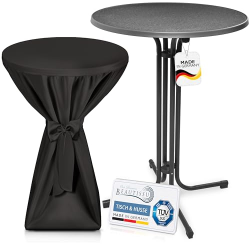 Beautissu Outdoor Stehtisch klappbar mit Husse Wetterfester Partytisch TÜV | 80cm Schwarz Grauer platzsparender Bistrotisch in Gastro-Qualität Premium Stehtischhusse Gastro Set Sylt