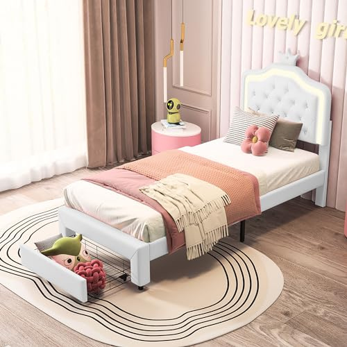 CDQL Polsterbett Kinderbett 90x200 cm mit 1 Schublade, Verstellbarem Kronenkopfteil mit LED-Licht, Doppelbett mit Lattenrost, Mädchenbett, PU, Weiß