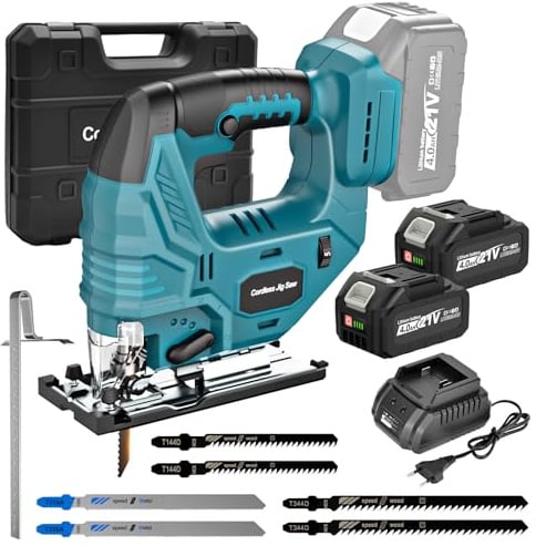 Yofuly Scie Sauteuse sans fil Compatible avec Batterie Makita 18V, Scie Sauteuse Électrique 7 Vitesses Variables 3200SPM ±45° Angle de Coupe, 2 Batteries 4,0Ah, 6 Lames pour Bois/Plastique/Métal