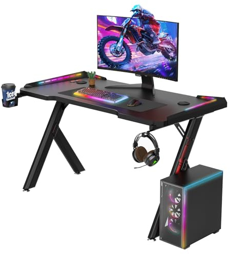 Racingreat Gaming Desk RGB 120CM Computer Desk with Cup Holder and Headphone Hook, Carbon Fibre Surface,Gaming Desk with Led Lights for Home Office,Black