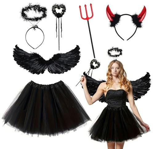 HSYWSH 6PCS Disfraz Angel Nero, Alas de Angel Negro con Halo de ángel, Cuernos de Diablo, Tenedor y Falda de Tutú, Disfraz de Hada y de Diablo de Adultos para Halloween, Carnaval, Cosplay y Fiesta