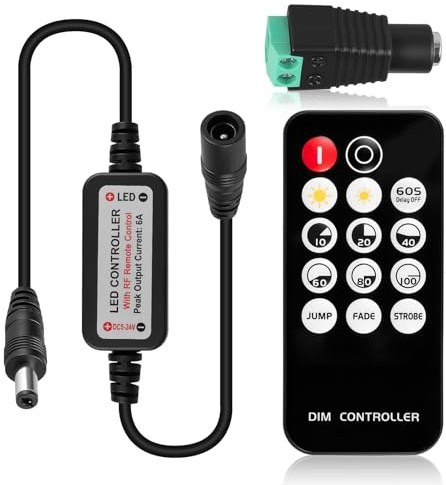 Remote LED Controller Single Color for SMD COB LED Strip Light DC5-24V | Dimmer Switch RF Remote Control 12V for COB 3014 5630 5730 3528 Strip with Dynamic Effect Brightness Mode Wireless Dimmer