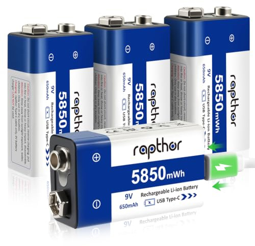 Rapthor 9 V blockbatteri 4-pack USB C snabbladdning, uppladdningsbart 9 V litiumbatteri med 650 mAh/5850 mWh energi för rökdetektorer, CO-detektor och multimeter