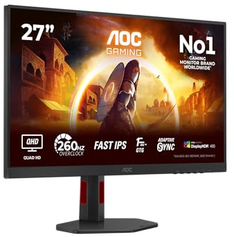 AOC Q27G4ZRAD 27 Zoll WQHD Gaming Monitor, 260Hz, Fast IPS Panel, 1ms GtG, Adaptive Sync, HDR400, G-Sync Compatible, Höhenverstellung,Lautsprecher,(2560x1440 HDMI 2X 2.0 DP 1x 1.4) Schwarz