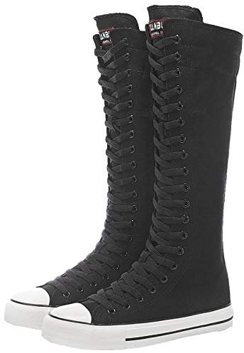 ANUFER Ragazze Donna Al Ginocchio Stivali di Tela Lacci Zip Piatto Scarpe Sportive Nero F888 EU36