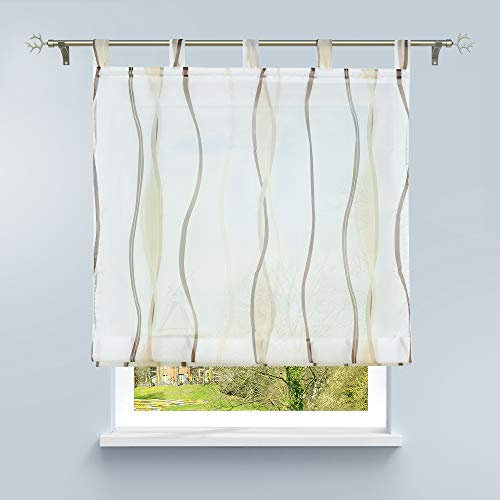 HongYa Raffrollo mit Wellen Druck Transparenter Voile Raffgardine Vorhang mit Schlaufen H/B 140/120 cm Creme Braun