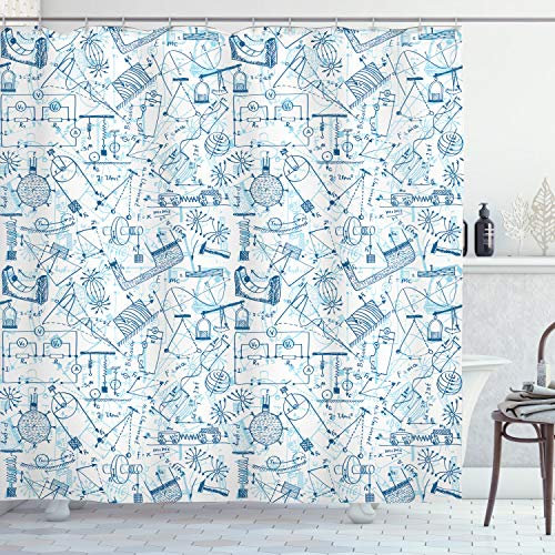 ABAKUHAUS Gekritzel Duschvorhang, Physik Thematische Zeichnung, Stoffliches Gewebe Badezimmerdekorationsset mit Haken, 175 x 180 cm, Blau Hellblau