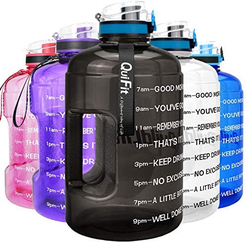 QuiFit 2.2 Litre Large Water Bottle with Strainer & Time Marker,Fruit Infuser Travel Water Jug for Outdoors Sports Fitness Camping BPA Free (Black, 2.2 L)