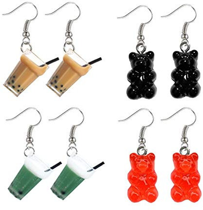 Daimay 4 Paar Einzigartige Bubble Tea Milk Getränk Tropfen Ohrring und Gummi Bärchen Bärn Ohrringe Baumeln Haken Ohrringe Lustige Acryl Anhänger für Mädchen Frauen Einzigartig mit Haken