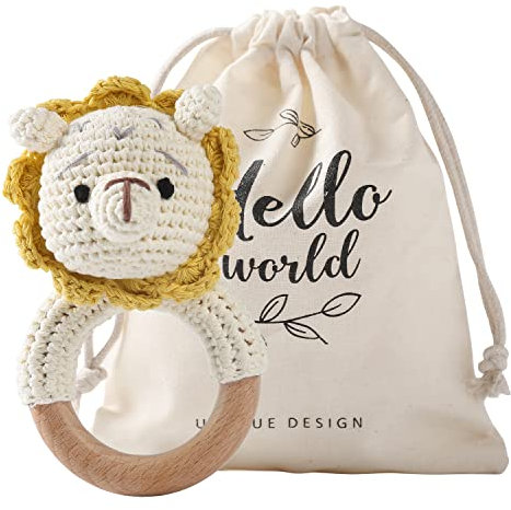 Mamimami Home Gehäkelte Babyrassel Häkeln Holz Greifling Baby Rassel Geschenk zur Geburt Handmade Junge und Mädchen,Geschenk zur Geburt(Löwe)