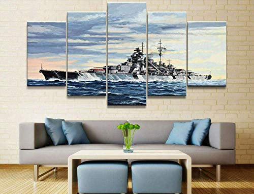 WLKJ Leinwand Wandkunst 5 Stück Vlies Leinwanddrucke Kunstwerk HD-Druck Bild Moderne Inneneinrichtung Kreatives Geschenk 5X cm Deutsches Schlachtschiff Bismarck