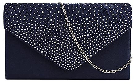 MEGAUK Damen Glitzer Clutch Satin Strass Unterarmtasche mit Abnehmbare Kette für Hochzeit Wedding Ball Bankett Prom Party, Dunkelblau