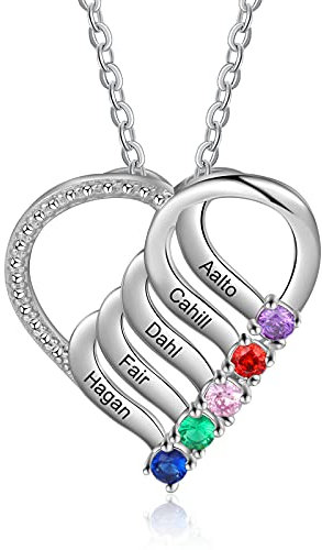 ALBERTBAND Personalisierte Kette Damen mit 2/3/4/5/6 Namen Geburtssteine Mutter Tochter Herz Halskette Geschenke für Frauen Mama Muttertag Weihnachten (Silber-5 steine)