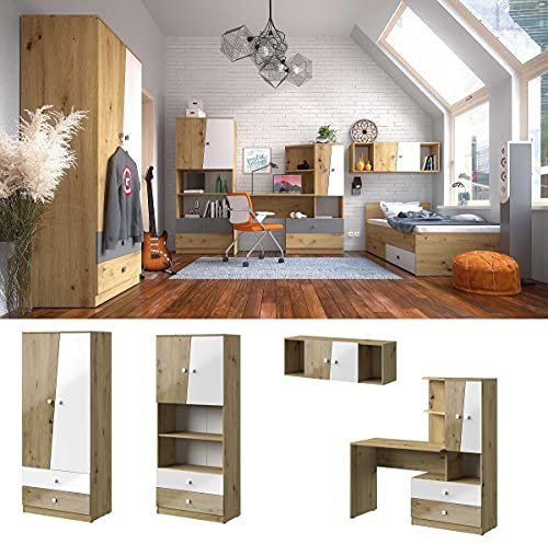 QMM Jugendzimmer Kinderzimmer komplett Neo Set B Schrank Schreibtisch Regale Wandregal (Grau Hochglanz)