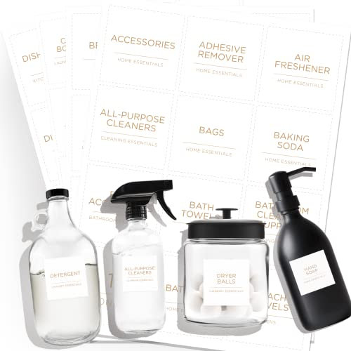 Minimalistisches Waschraum-Etiketten-Set, v2croft 144 vorgedruckte matte Vinyl-Hausorganisations-Aufkleber für Waschküche, Wäscheschrank, Badezimmer, Reinigungsmittel, wasserdicht (Gold)