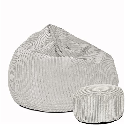 rucomfy Beanbags Slouchbag Large Corduroy Bean Bag Chair - Adult Bean Bag with Filling - Home Furniture Seating for Living Room or Bedroom - Machine Washable - 80 x 110cm (Platinum, with Footstool)