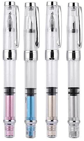 Tnfeeon Clear Fountain Pen, 4Pcs 0.5mm F Point Transparent Classical Fountain Pen Fine Nib Stationery Supplies