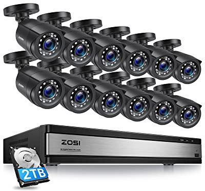 ZOSI Sistema de Cámara de Vigilancia 12pcs 1080P Cámara de Seguridad Exterior con 16CH H.265+ Grabadora DVR, Visión Nocturna IR, Detección de Movimiento, 2TB Disco Duro