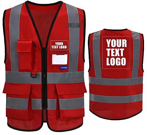 6XL 7XL 8XL rote warnweste Personalisierte bedruckbare Warnweste aufdruck mit Text oder mehrfarbigem Logo und Mehreren Taschen, Warnschutz Arbeitsweste Sicherheitsweste mit bedruckbare