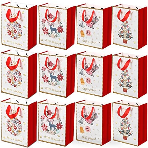 12 STK. Große Weihnachten Geschenktüten mit süßes Design, in Weiß/Rot, 32x26x10cm, Stabile Papier Weihnachtstaschen mit Schleife Henkel, Hochwertige Papiertüten für Geschenke
