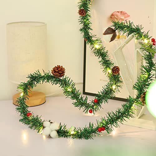 Tannengirlande Mit Beleuchtung,Girlande Weihnachten,Weihnachten Rattan Tannenzapfen Baumwolle Blume,Weihnachtsdekoration Kunstpflanze Rattan,Weihnachtsdekoration Treppengeländer Kamine (3 m)