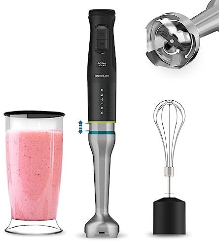 Cecotec Stabmixer Katana 15 TotalDestroy Cream B, 1500 W. 21 Geschwindigkeiten und Turbo, Doppelklingen, 4 Klingen mit schwarzem Titan, Spritzschutzhaube, extra langer Fuß, Zubehörset