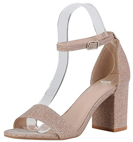 VAN HILL Damen Riemchensandaletten Sandaletten Blockabsatz Schuhe Elegante Party Abendschuhe Glitzer Riemchenschuhe 211336 Rose Gold 36