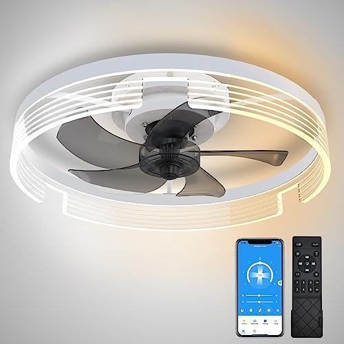 HSC Black Ceiling Fan with Light - Modern Flush Mount Low Profile Ceiling Fans with Timing, APP, Remote Control, Smart Reversible Dimmable LED Ceiling Fan for Indoor, Bedroom, Living Room, Kitche