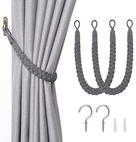 Pretty Jolly Vorhang Raffhalter aus natürlichem Baumwollseil, eleganter, dekorativer Vorhang-Raffhalter im Boho-Stil, weiche, handgewebte Seil-Vorhanghalter für Zuhause und Büro, Dunkelgrau, 2 Stück
