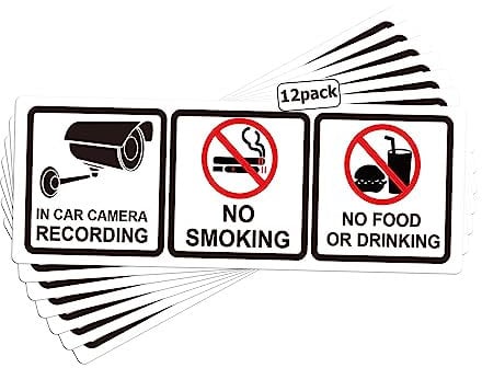 12Pack No Smoking in Car Camera Recording No Eating or Drinking Signs 1.75 X 5 Inch - Vehicles Safety Warning Window Stickers Food and Beverage Signs