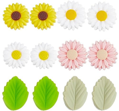 SUNNYCLUE 1boîte 12pcs Perles de Silicone Fleur en Vrac 20mm Perles Focales en Silicone Rose Fleurs de Marguerite Double Face Perles de Feuille Verte Grandes Perles en Caoutchouc Grosses Perles