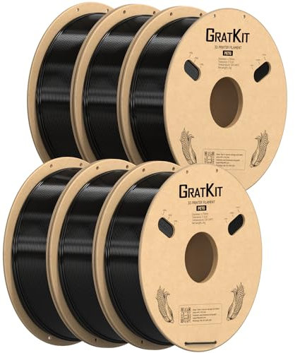 GratKit PETG 3D-Drucker Filament 1,75mm 6kg Spule, 3D-Druck Filament±0,03mm Präzision, Leicht zu drucken, Gleichmäßige Wicklung, 6 * 1KG, 6 Packs, Schwarz