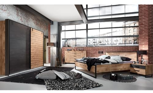 Lomadox Schlafzimmer Set 5-TLG. mit Bett 160x200, Schwebetürenschrank 300cm, Kommode, 2 Nachttische in Eiche mit Stahl Nb., Industrial Design
