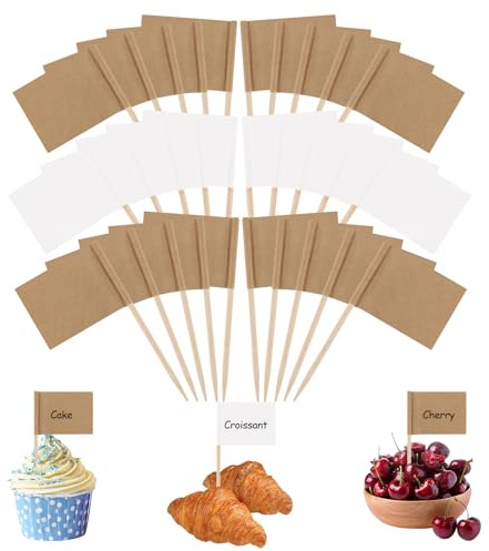 Mini palillos de dientes, 100 unidades, color blanco y 200 banderas de papel kraft para escribir, carteles para escribir para cupcakes, fiestas, pasteles, alimentos, queso