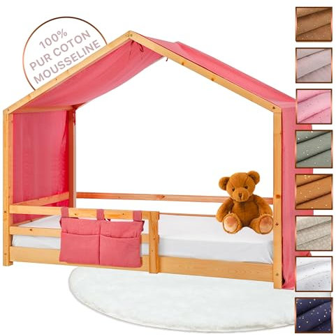 Lovely Hippo Hausbett Himmel - 100% Baumwolle Betthimmel Hausbett aus Musselin - Bett Vorhang Kinderbett - Himmelbett Vorhänge für 90x200 (Puderrosa/Gold Tasche, 97 x 402cm)