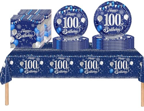 53Pcs Navy Blue and Sliver Happy 100th Birthday Party Tableware Set Plastic Table Cloth,Paper Plates Napkins 100th Birthday Table Decorations Disposable Tableware Kit for Man Men Him Birthday Party