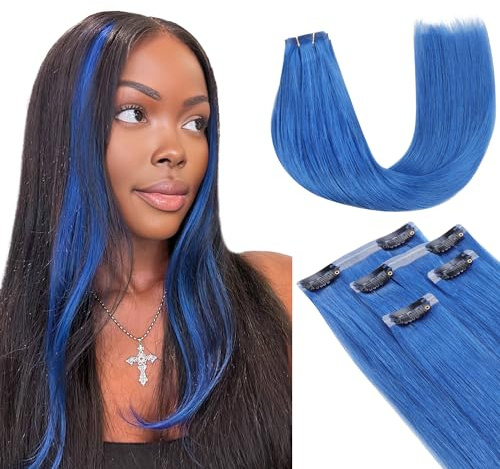 Lashey Clip in Extensions Echthaar Highlights Blue 43g 4 Stück Nahtlose Clip in Haarverlängerung 40cm(16 Zoll) Glatt Remy Menschliches Haar with PU Wefts (Blau)