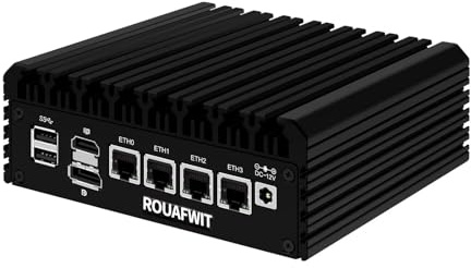 ROUAFWIT N100 Mini PC Lüfterlos Micro Firewall Gerät, DDR5 32GB RAM 2TB SSD Router Klein Fanless Computer, 4 x 2.5Gbe i226-V LAN, TF Slot, Support Linux, OPNsense, AES-NI